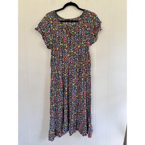 Talbots Floral Midi Dress Womens 12 Navy Blue Ditsy Print Short Flutter Sleeve
